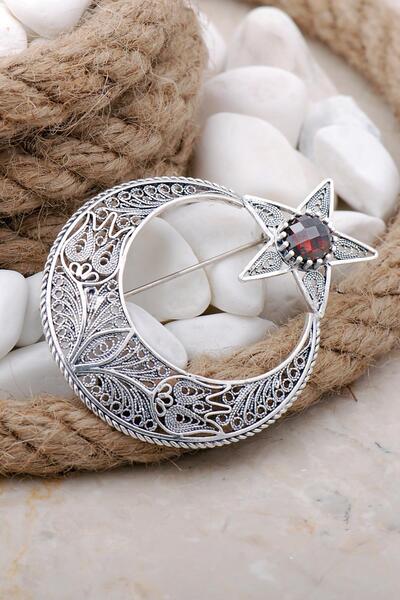 Sümer Telkari Ay Yıldız Lal Taşlı Telkari Elişi Gümüş Broş 332