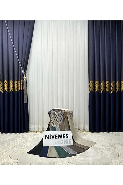 NİVEMESHOME Nivemeshome Glare Navy Blue V-533 1/3 Frequent Pleated Background Curtain Apm