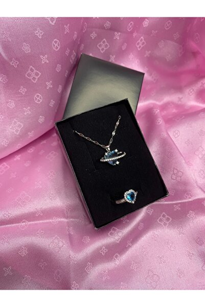 Çelik Okyanus Mavi Aşkına - Kalpli Kolye ve Yüzük Set Kombin