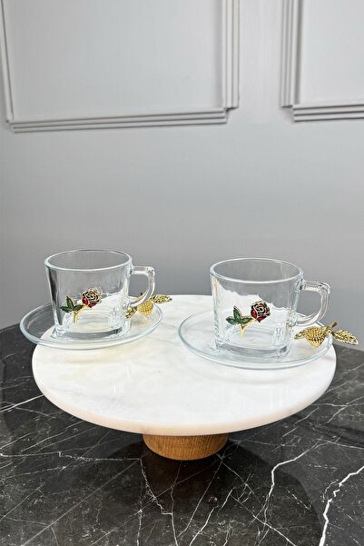 MAY HOME 2 Kişilik Cam Çay Kahve Nescafe Fincanı & Gül Model Hediyelik Kupa