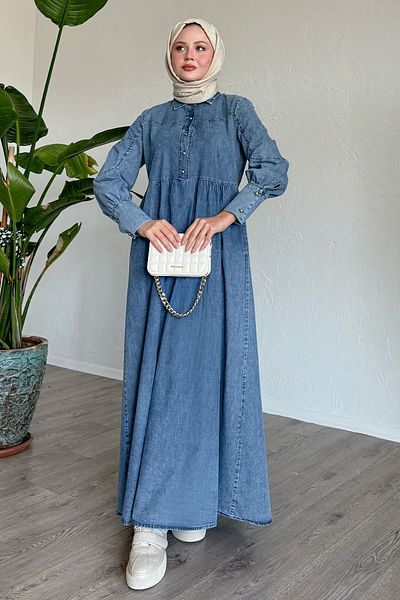 InStyle Rochie albastră din denim cu nasturi și manșete