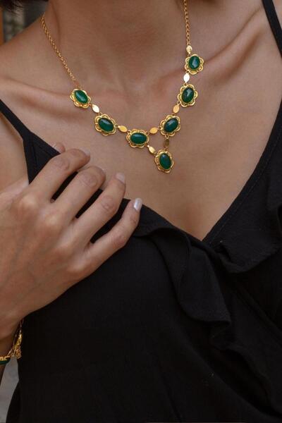 Bayar Gold 14 Ayar Altın Yeşil Taşlı Gerdanlık