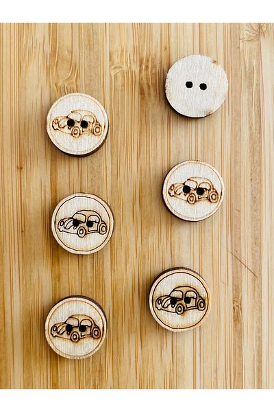 Kartopu Natural Wood Button with Burning Drawing Pattern 15 Mm. Pack of 6. Car.
