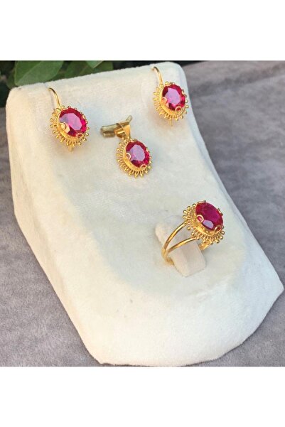 Bayar Gold 14 Ayar Altın Güneşli Model Kırmızı Yakut Set