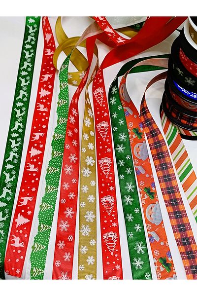 ATMACA TUHAFİYE 10 Types of 3-Meter New Year's Patterned Ribbon - Pitikare, Santa Claus, Striped