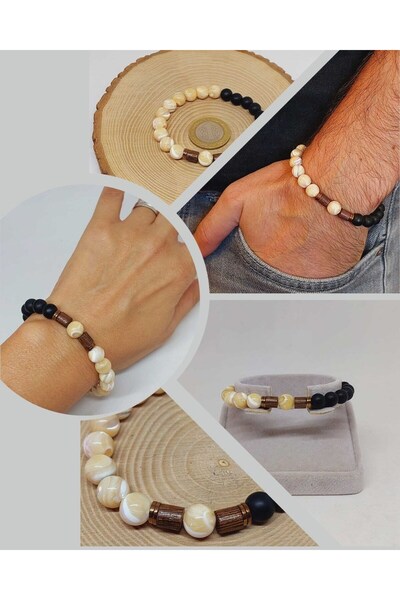 Yasamtohumu 8mm unisex dizajn - narukvica od sedefa, karamel i oniksa, havajs...