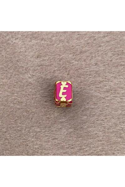 Bayar Gold 14 Ayar Altın Kafesli Pembe Boncuk E Harf Kolye Ucu