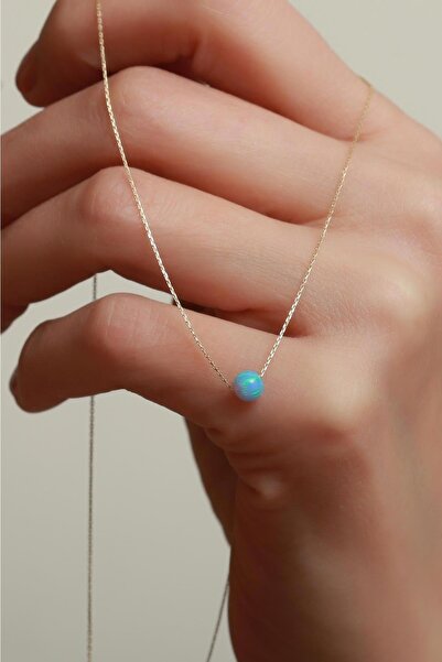 Bayar Gold 14 Ayar Altın Buz Mavisi Opal Taşlı Top Kolye