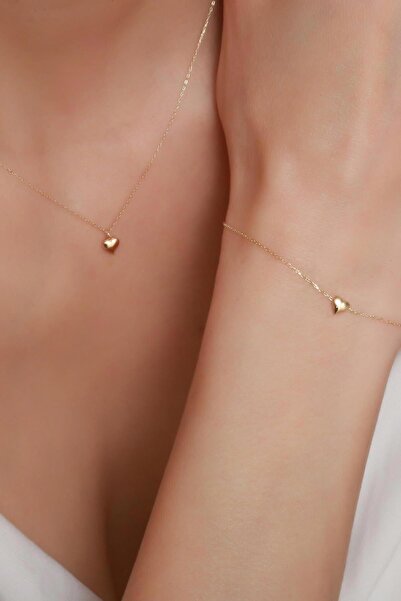 Bayar Gold 14 Ayar Altın Mini Kalp Kolye ve Bileklik Seti
