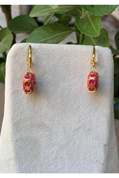 Bayar Gold 14 Ayar Altın Pembe Boncuklu Kafesli Küpe