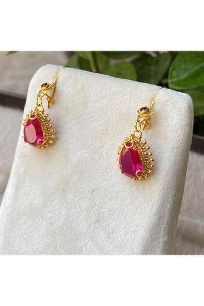 Bayar Gold 14 Ayar Altın Kırmızı Damla Küpe