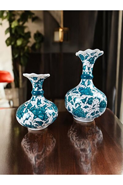 qtahya homes queen of kütahya yeşil çiçek vazo set el yapımı özel seri 2 parç...