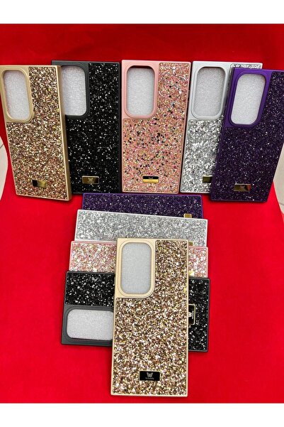 mrz Samsung Galaxy S23 Ultra Uyumlu Parıltılı Full Taşlı Silikon Telefon Kapağı (KILIF) Gold