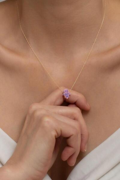 Bayar Gold 14 Ayar Altın Lila Opal Taşlı Fatma Ana Eli Kolye