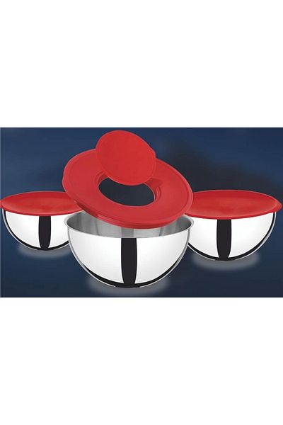 Vivaldi Steel Storage Container and Mixer Set of 3 16-20-24 Cm Red Lid G984