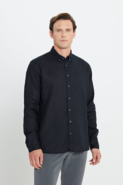 ALTINYILDIZ CLASSICS Чоловіча чорна сорочка Comfort Fit з комфортним кроєм, 100% льон, з ґудзиковим коміром