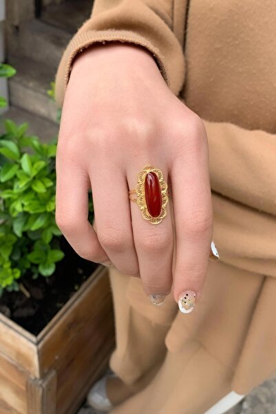 Bayar Gold 14 Ayar Altın Akik Taşlı Uzun Mekik Yüzük