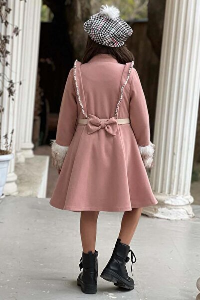 Riccotarz Rochie pentru fete cu model din picior de gală, cu mâneci de pluș și pe umeri, haină roz cu cusături, cu centură cu perle