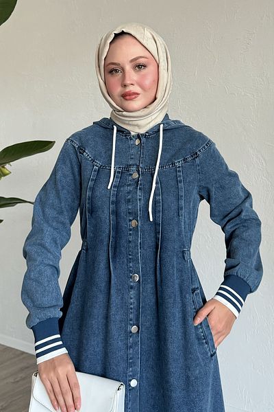 InStyle Rochie albastră din denim cu glugă și talie elastică