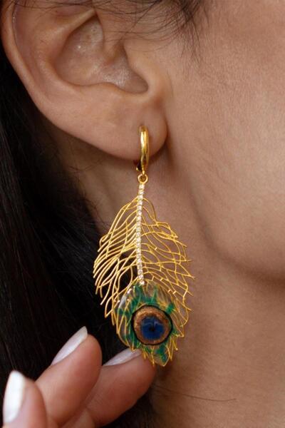 Bayar Gold 14 Ayar Altın Yeşil Tavus Kuşu Küpe