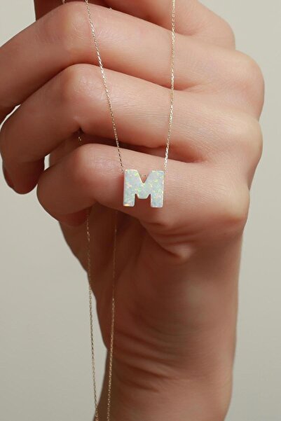 Bayar Gold 14 Ayar Altın M Harf Beyaz Opal Taşlı Kolye