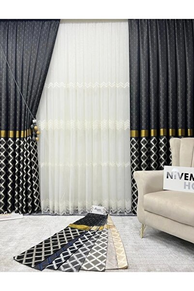 NİVEMESHOME Nivemeshome Troya V-911 - 1/3 Κοντή πλισέ μαύρη-χρυσή κουρτίνα φό...