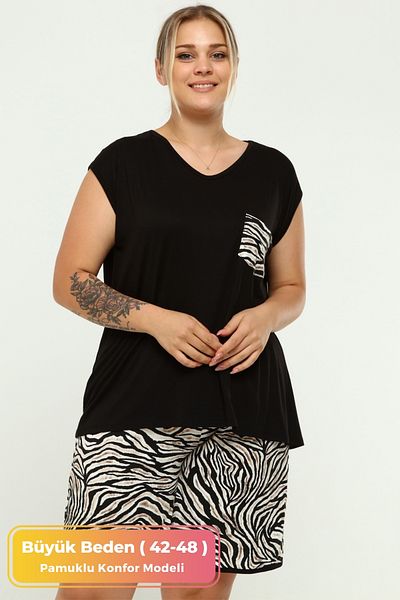 tarzımsüper Plus Size Comfortable Pajama Set with Top and Bottom Shorts Zebra Pattern Double Cotton 2-Piece Bottom-Top Set Black