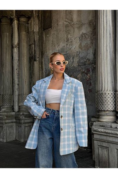 manana fashion Jachetă blazer cu dungi albastre, căptușită cu ștampilă supradimensionată