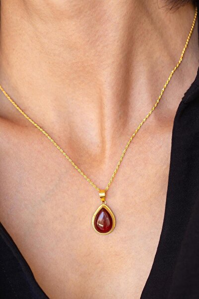 Bayar Gold 14 Ayar Altın Akik Kolye Damla Model