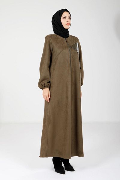 Beyza Χακί Χρώμα Winter Suede Ferace - με φερμουάρ και δερμάτινη λεπτομέρεια 3803