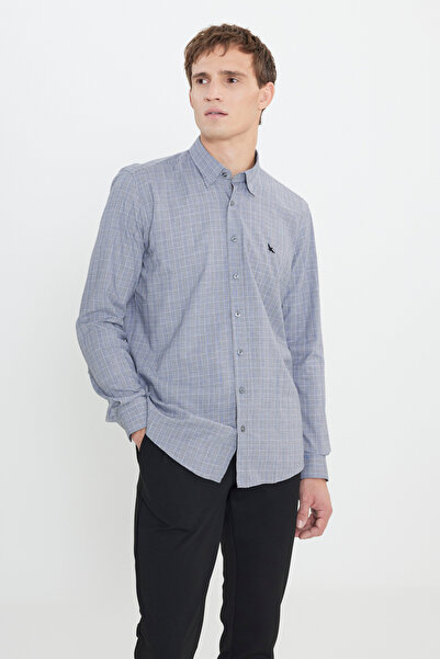 ALTINYILDIZ CLASSICS Erkek Gri-Beyaz %100 Pamuk Oxford Slim Fit Dar Kesim Gizli Düğmeli Yaka Kareli Gömlek