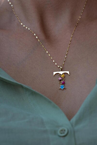 Bayar Gold 14 Ayar Altın T Harf Yarım Çiçekli Kolye