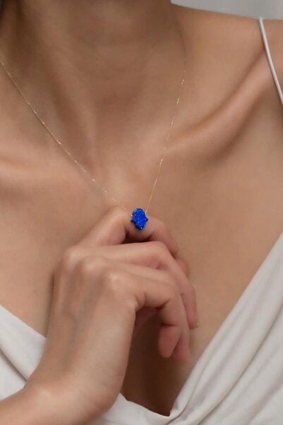 Bayar Gold 14 Ayar Altın Gökyüzü Mavisi Opal Taşlı Fatma Ana Eli Kolye