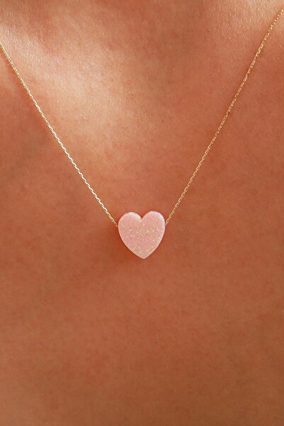 Bayar Gold 14 Ayar Altın Pembe Opal Taşlı Kalp Kolye