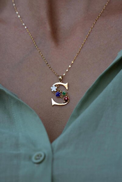 Bayar Gold 14 Ayar Altın S Harf Yarım Çiçekli Kolye