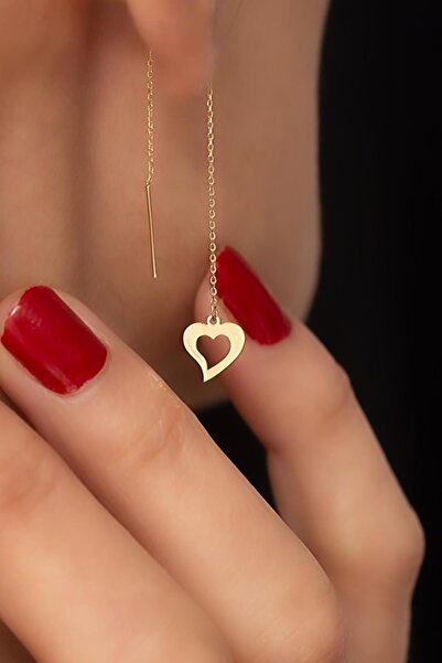 Bayar Gold 14 Ayar Altın Kalp Çerçeveli Zincir Küpe