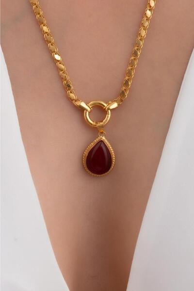 Bayar Gold 14 Ayar Altın Damla Akik Gemici Kilitli Pullu Halep Kolye