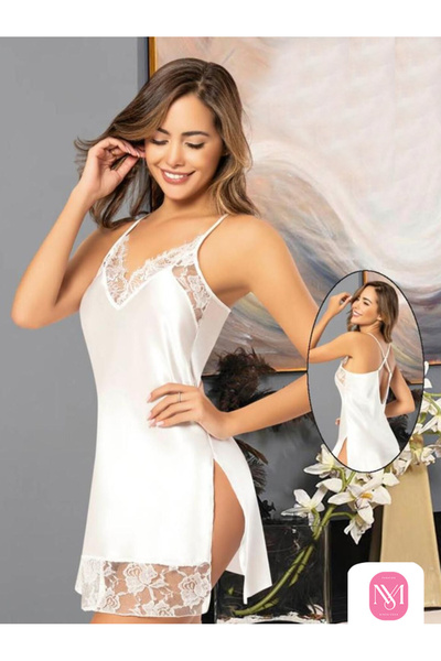 CE DELUXE BEYAZ DANTEL İŞLEMELİ SATEN GECELİK