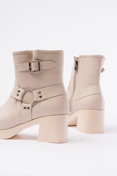 Aymood 5109-3042 Beige Buckle Accessory Zippered Thick Heeled Daily Women's Boots