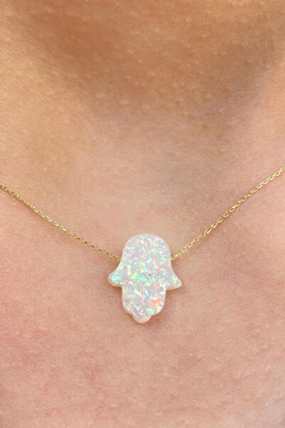 Bayar Gold Altın Beyaz Opal Taşlı Fatma Ana Eli Kolye