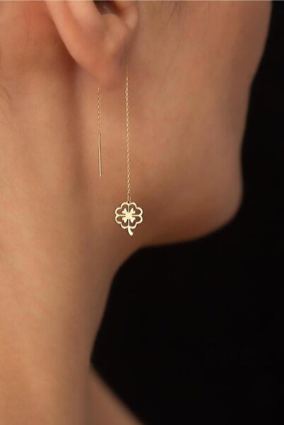 Bayar Gold 14 Ayar Altın Dört Yapraklı Yonca Zarif Zincir Küpe