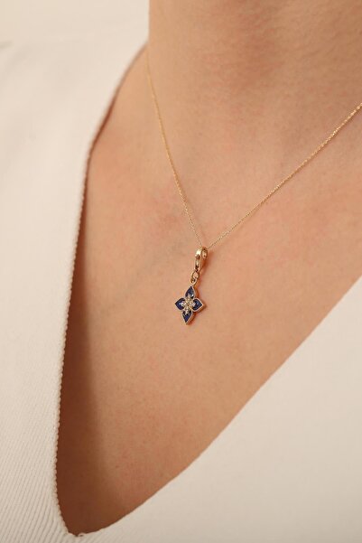 Bayar Gold 14 Ayar Altin Lacivert Lotus Çiçeği Kolye