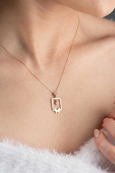 Bayar Gold 14 Ayar Altın Dikdörtgen Çerçeveli Kelebek Kolye