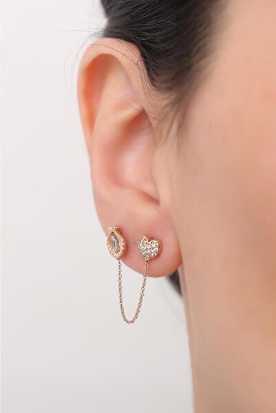 Bayar Gold 14 Ayar Altın Midye Kalp Zincir Küpe Tekli