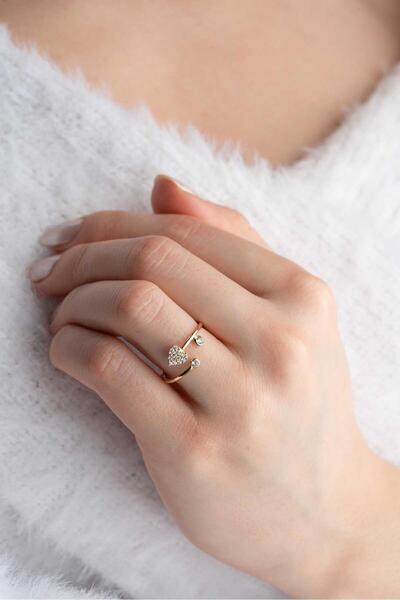 Bayar Gold 14 Ayar Altın Açık Tasarımlı Taşlı Kalp Yüzük