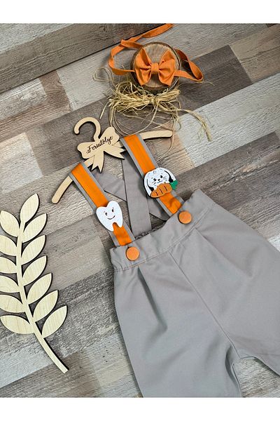 Feriatolye Tooth Wheat Baby Pants Smoke Color Orange Detailed Salopet Bow Tie Set