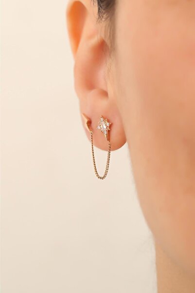 Bayar Gold 14 Ayar Altın Zigzag Estel Zincir Küpe Tekli