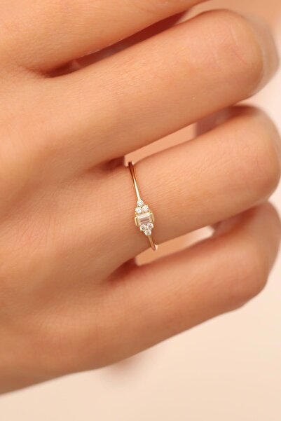 Bayar Gold 14 Ayar Altın Beyaz Taşlı Minimal Yüzük