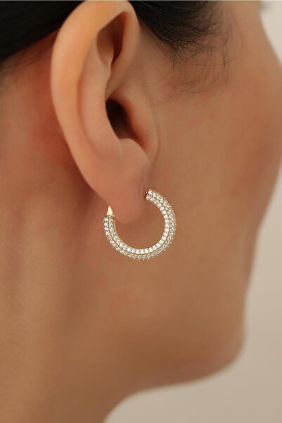 Bayar Gold 14 Ayar Altın Orta Boy Taş Sıralı Halka Küpe