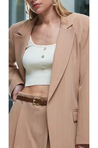 Flow Mi̇sseale Stripe Detailed Blazer Jacket Beige and High Waist Palozzo Pants Set